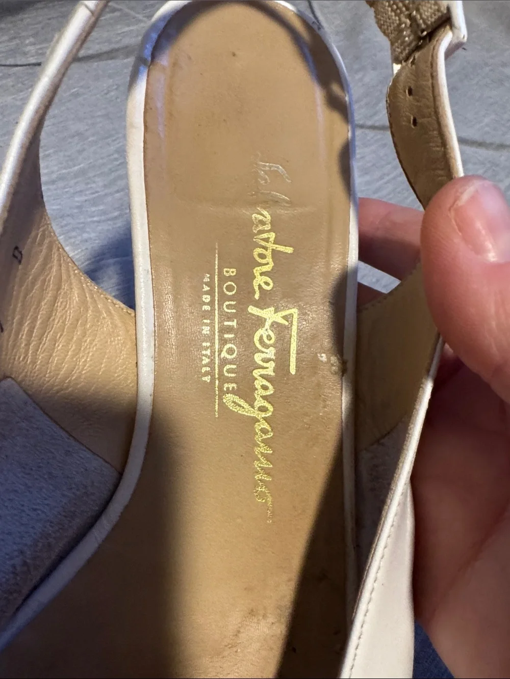 Salvatore Ferragamo White Leather Slingback Heels with Gold Buckle